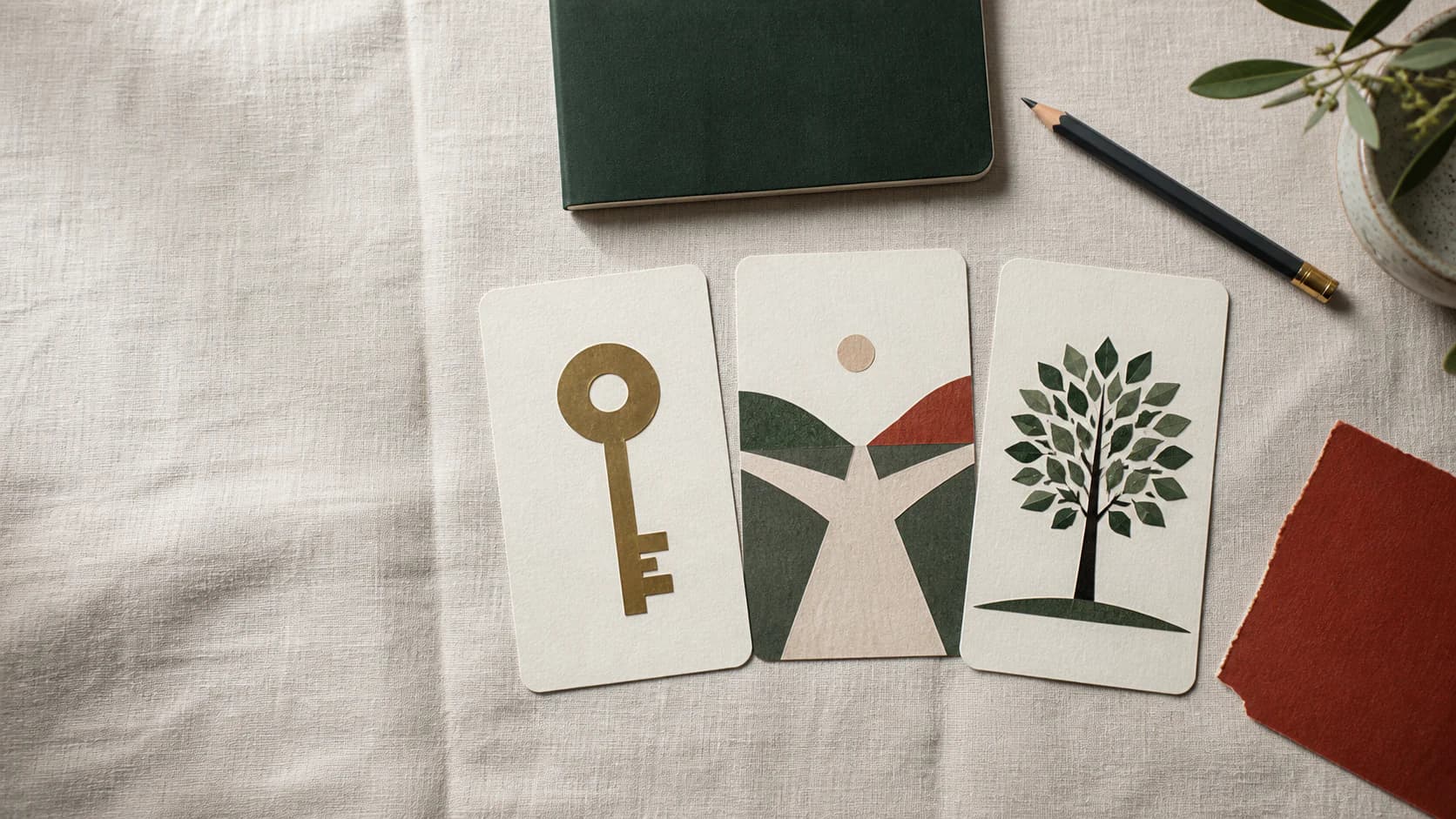 Three original symbol cards showing a key, a path, and a tree
